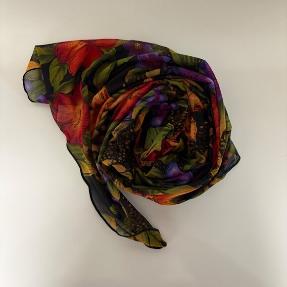 Longitude Chiffon Floral Scarf Colorful Flowers Leaves Tropical Garden - Picture 4 of 8